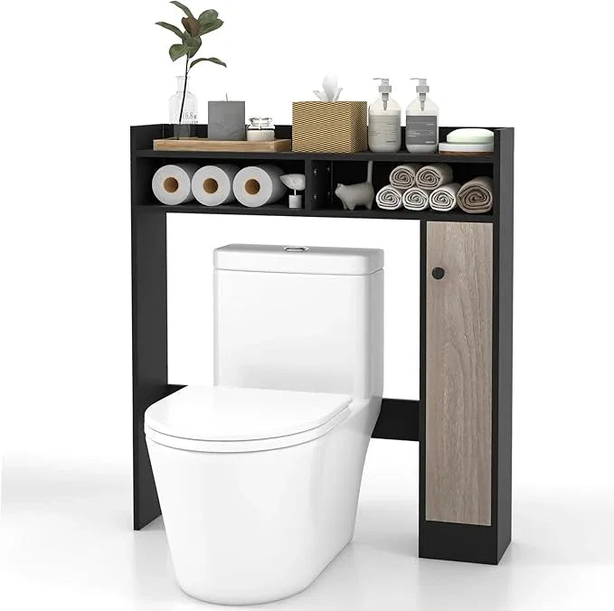 Giantex Over The Toilet Storage Cabinet, Freestanding Bathroom Organizer w/Single Door Cabinet & Open Shelves, Space-Saving Toilet Rack w/Adjustable Shelves for Laundry Room (Black+Oak) - ModernBath