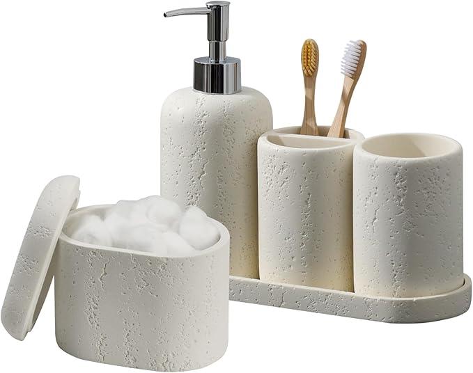 Haocoott Bathroom Accessories Set, 5PCS Modern Bathroom Accessory Set with Soap Dispenser, Mouthwash Cup & Toothbrush Holder, Qtip Holder, Tray - ModernBath