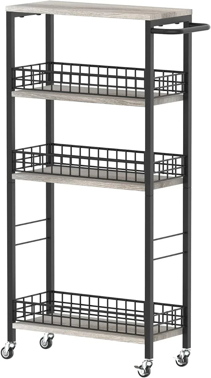 4 Tier Slim Storage Cart Narrow Laundry Cart on Wheels Utility Kitchen Rolling Cart with Wood Tabletop Mobile Shelving Unit Bathroom Storage Organizer Slide Out Rolling Tower for Narrow Spaces - ModernBath