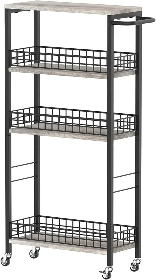4 Tier Slim Storage Cart Narrow Laundry Cart on Wheels Utility Kitchen Rolling Cart with Wood Tabletop Mobile Shelving Unit Bathroom Storage Organizer Slide Out Rolling Tower for Narrow Spaces - ModernBath