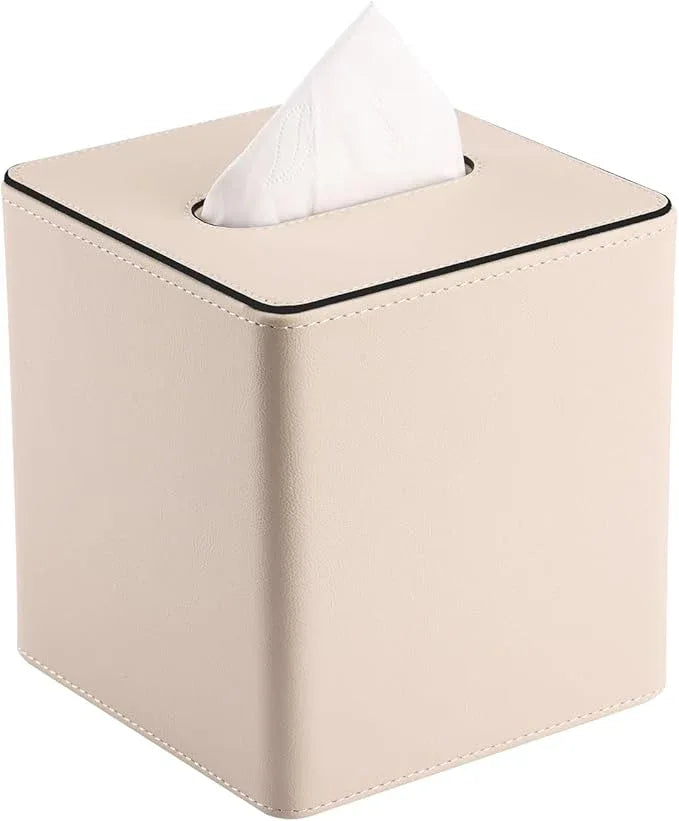 KINGFOM Leather Tissue Box Cover – Square Modern PU Leather Tissue Holder, Cube Tissue Dispenser for Home, Office, Bedroom, Bathroom – Elegant Minimalist Style (Beige-Square) - ModernBath