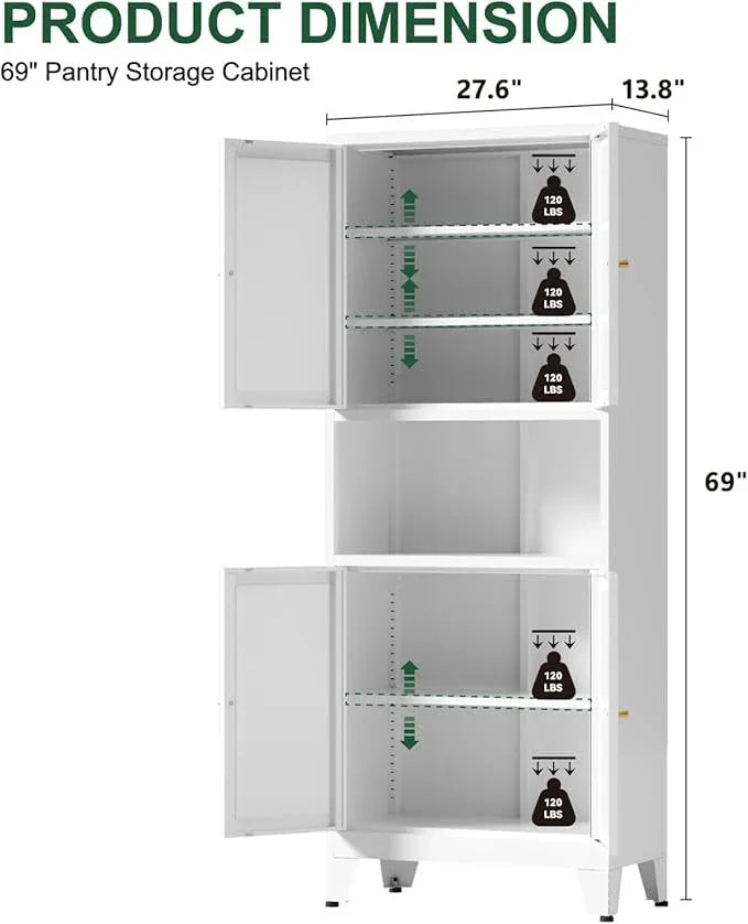 Metal Kitchen Pantry Cabinet, 69" Tall Storage Cabinet with 4 Doors and 3 Adjustable Shelves, Freestanding Cupboards for Dining Room, Living Room, Bathroom (White, 69" H) - ModernBath