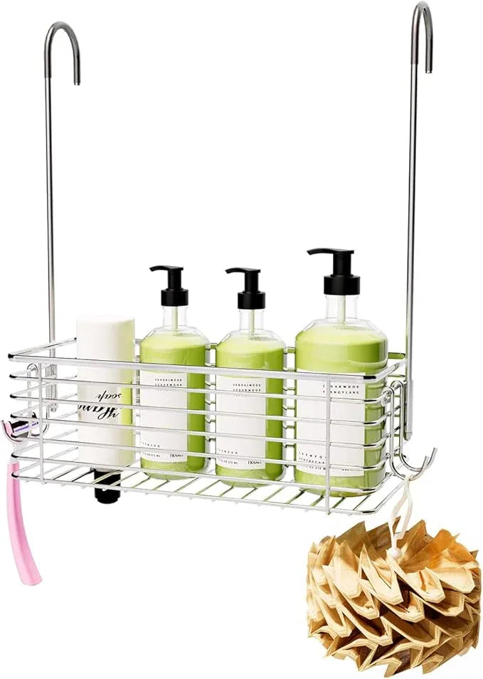 QIHS Over Door Shower Caddy, Stainless Steel Bathroom Organizer with Rotating Hooks, Hanging Storage Basket for Shampoo - ModernBath