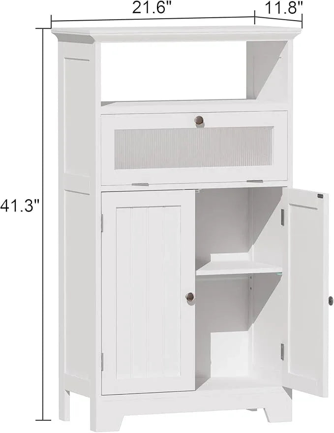 ChooChoo Bathroom Floor Storage Cabinet with Flip Glass Drawer, Freestanding with 2 Doors, Adjustable Shelf & Open Storage for Living Room, Hallway, White - ModernBath