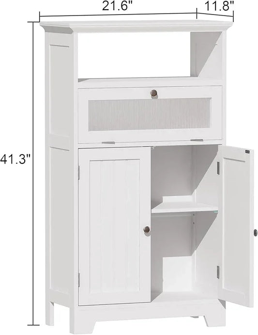 ChooChoo Bathroom Floor Storage Cabinet with Flip Glass Drawer, Freestanding with 2 Doors, Adjustable Shelf & Open Storage for Living Room, Hallway, White - ModernBath