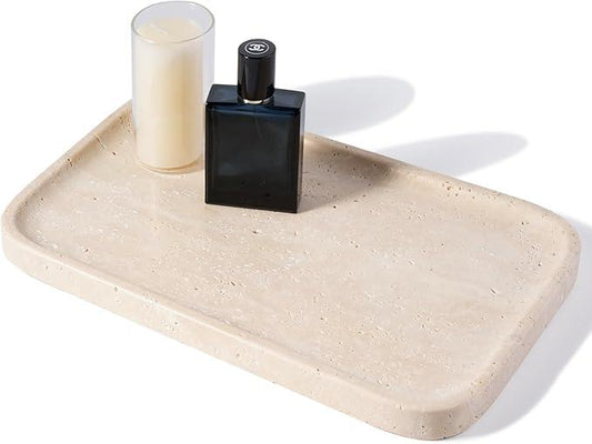 Travertine Vanity Tray, Stone Bathroom Tray for Countertop, 14'' Marble Decorative Dresser Trays, Large Serving Trays for Kitchen Counter, Storage for Kitchen Sink, Perfume, Jewelry Holder - ModernBath