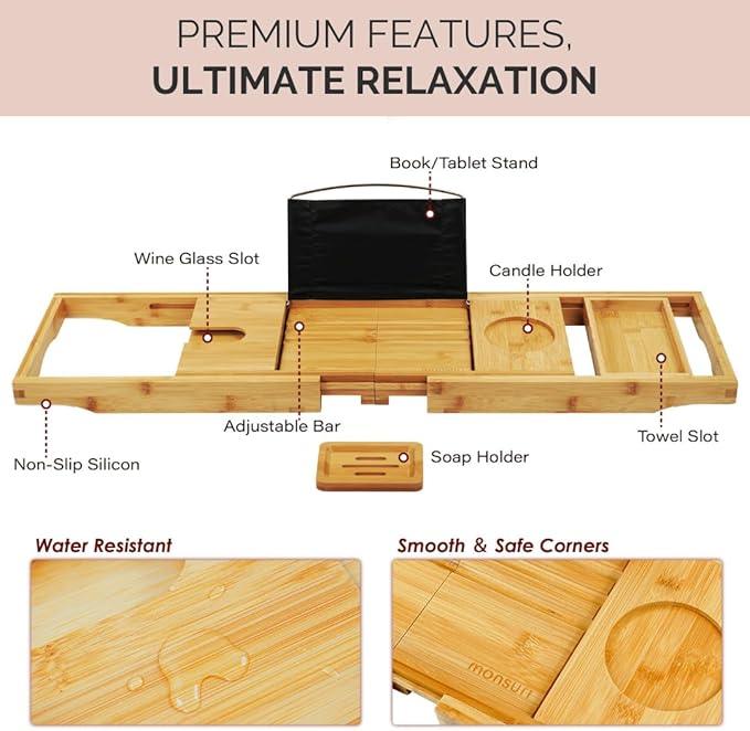 Foldable Bathtub Tray Caddy - Expandable Bath Tray for Tub | Secure, Non-Slip Bathtub Caddy for Tub for Bath Accessories, Self Care Home Spa Gift Set, Relaxing Gifts for Women, New Moms, House Warming - ModernBath