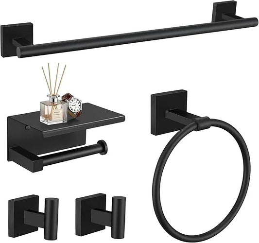 TURS 5-Pieces Matte Black Bathroom Hardware Set 23.6 Inch SUS304 Stainless Steel Towel Bar Set Wall Mounted Square Toilet Paper Holder with Shelf - ModernBath