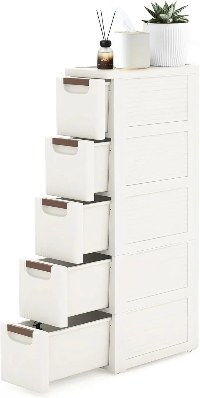 5 Drawers Narrow Storage Cabinet, Slim Bathroom Storage Cabinet, Plastic Rolling Cart Organizer for Small Spaces, Laundry, Office, Home, White - ModernBath