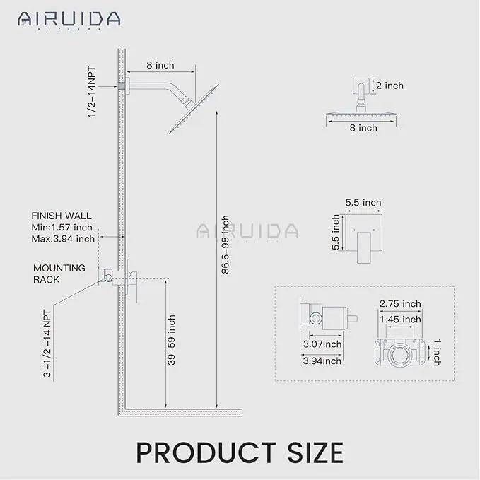 Airuida Shower Faucet Set Bathroom Rain Shower System 8 Inch Square Showerhead Single Function 1 Handle Trim Kit with Female Thread Rough-in Valve Cover Plate with H and C Labels Brushed Gold - ModernBath