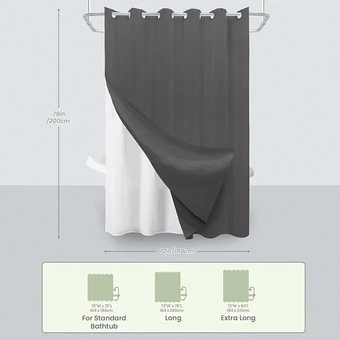 Inhousolu No Hook Waffle Weave Shower Curtain with Removable Snap in Fabric Liner Set for Bathroom, 230 GSM Heavy Duty Weighted Hem, Water Repellent Washable Bath Curtains, 72 x 78 Inch, Graphite Grey - ModernBath