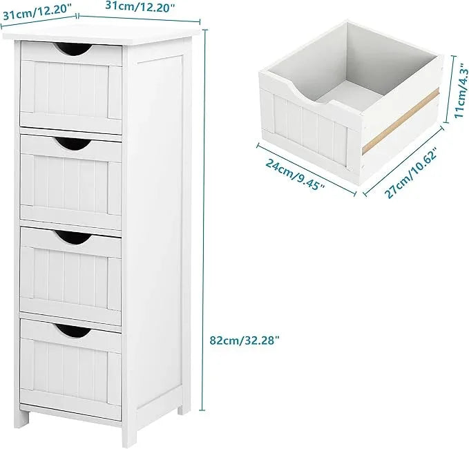 Bonnlo Skinny Bathroom Floor Storage Cabinet,White 12 Inch Wide Deep Small Storage Organizer with 4 Drawers, Wooden Modern Thin Free Standing Tower Cabinet w/ 4 Cute Drawers for Bathroom, Living Room - ModernBath