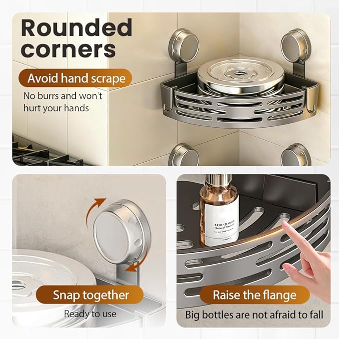 Triangle Suction Cup Corner Shelves No Drilling Bathroom Storage Rack, 2026 New Corner Shower Shelf Suction Cup Shower Caddy Corners Organizer Storage Rack Adhesive with Towel Bar (Black single-layer)