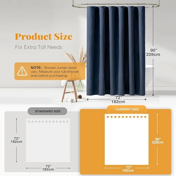 BTTN Extra Long Fabric Shower Curtain - 72x90 Inch Linen Textured Heavy Duty Cloth Shower Curtain Set with Plastic Hooks, Hotel Luxury Waterproof Tall Polyester Shower Curtains for Bathroom, Navy Blue - ModernBath