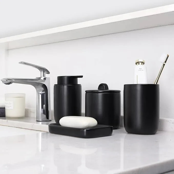 BosilunLife Ceramic Bathroom Accessories Sets Complete Bathroom soap Dispenser and Toothbrush Holder Set (Black-Foam) - ModernBath