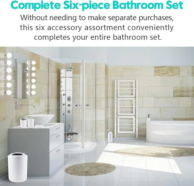 Papillon 6-Piece Bathroom Organization Set, Toothbrush Holder with Cup, Soap Dispenser & Dish, Toilet Brush, Trash Can, Tumbler Set (White) - ModernBath