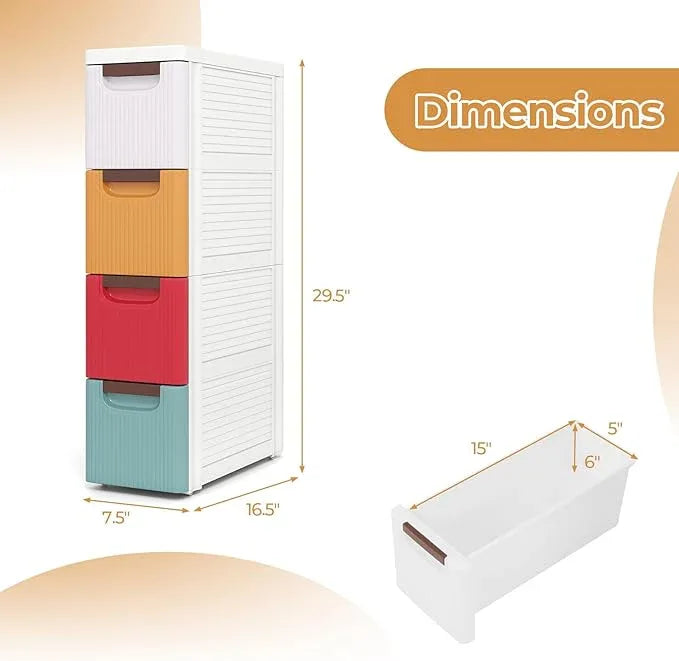 Giantex 4 Drawers Storage Cart, Narrow Plastic Dresser, Rolling Organizer Cart for Office Classroom Bedroom Bathroom Art Craft Supplies, Mobile Slim Utility Cart on Wheels, Multicolor - ModernBath