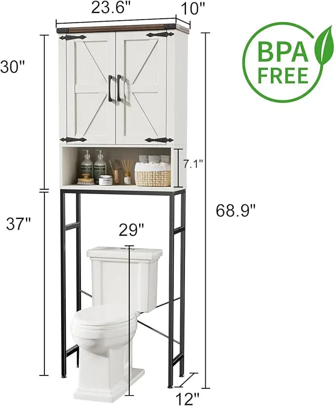 Over The Toilet Storage Cabinet with Farmhouse Doors and Adjustable Shelf, Tall Bathroom Organizer with Metal Stand Space Saver Over Toilet , Wood Rack for Bathroom, Restroom, Laundry, White - ModernBath