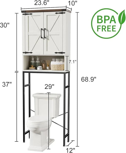 Over The Toilet Storage Cabinet with Farmhouse Doors and Adjustable Shelf, Tall Bathroom Organizer with Metal Stand Space Saver Over Toilet , Wood Rack for Bathroom, Restroom, Laundry, White - ModernBath