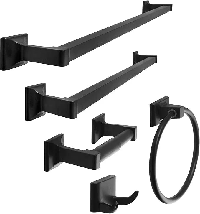 SENTO Cellar Classic Bathroom Accessories Set, Heavy Duty Metal Bath Hardware Set Wall Mounted, Includes Robe Hook, Toilet Paper Holder, Towel Ring, 18” & 24” Towel Bar (5-Piece, Matte Black) - ModernBath
