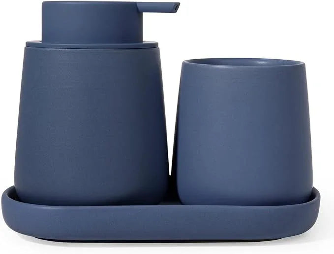 INGOFIN 3 Pcs Ceramic Bathroom Accessory Set - Liquid Soap Dispenser, Toothbrush Holder & Tray, Bathroom Counter Set, Countertop Essentials for Home, Guest Bathroom, or Office Use, Matte Blue - ModernBath