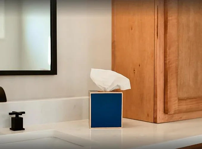 Jaye’s Studio Square Tissue Box Cover Cube, Facial Tissue Holders Decorative Tissue Box Holder for Bathroom Accessories Gold Bedroom Accessories Desk & Home Decor, Metal Tissue Box Cover Blue (6x6x5) - ModernBath