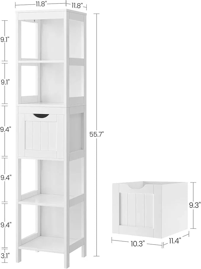 VASAGLE Storage Cabinet, Storage Organizer Rack Stand for Bathroom, Living Room, Bedroom, Multifunctional Corner Unit, 2 Drawers, 55.7 Inches in Height, White UBBC66WT - ModernBath