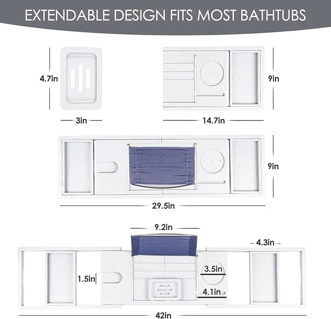 Foldable Bathtub Caddy Tray, Bamboo Bath Tub Tray Table for Tub with Wine Glass Holder Book Phone Tablet Holder with Extending Sides, Adjustable Bathroom Bathtub Free Soap Holder Gift Idea (White) - ModernBath