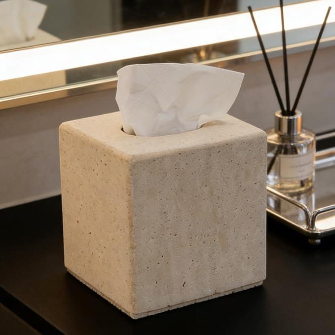 Travertine Tissue Box Cover, Heavy Duty Nature Stone Tissue Box Holder, Decorative Luxurious Travertine Square Toilet Tissue Box for Bathroom, Bedroom, Living Room, Office - ModernBath
