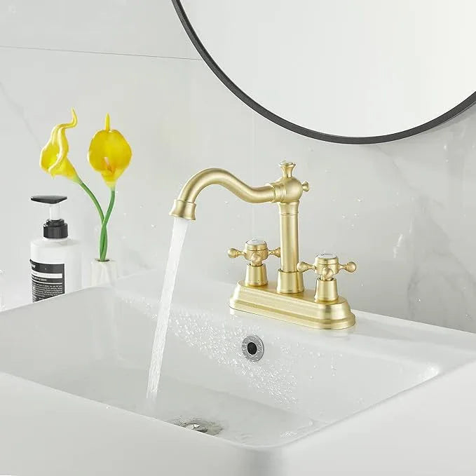 GGStudy Bathroom Faucet Brushed Gold 2 Handles 4 Inches Centerset Bathroom Vanity with Drain Assembly and Supply Hose Lavatory Faucet - ModernBath