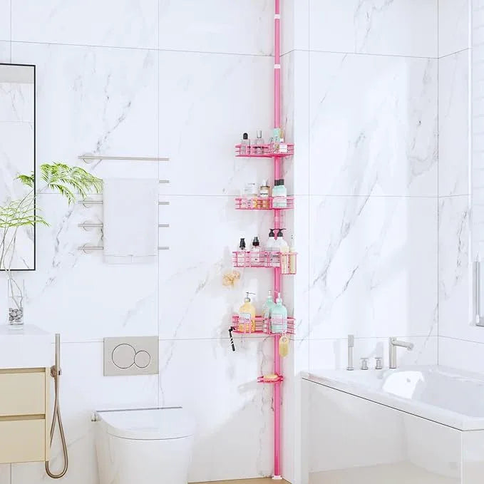 SWTYMIKI Shower Caddy Tension Pole - 4-Tier Corner Shower Organizer Tension Rod with Soap Holder, Toothbrush Holder & 4 Hooks, Adjustable Stainless Steel Bathroom Organizer 27.6 to 108.3 inch, Pink - ModernBath