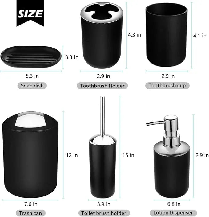 Papillon 6-Piece Bathroom Accessories Set, Toothbrush Holder with Cup, Soap Dispenser & Dish, Toilet Brush, Trash Can, Tumbler Set (Black) - ModernBath