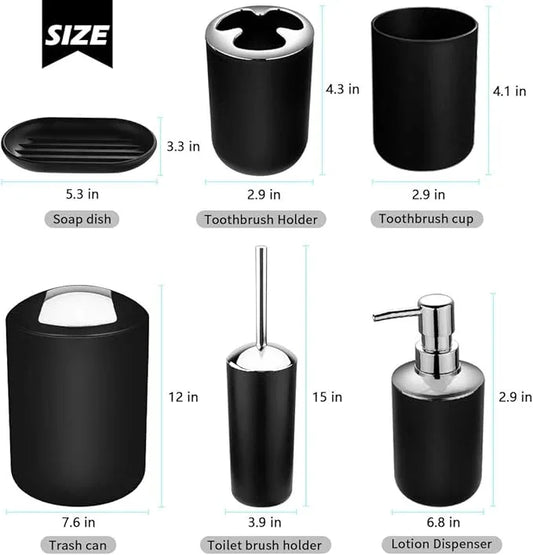 Papillon 6-Piece Bathroom Accessories Set, Toothbrush Holder with Cup, Soap Dispenser & Dish, Toilet Brush, Trash Can, Tumbler Set (Black) - ModernBath