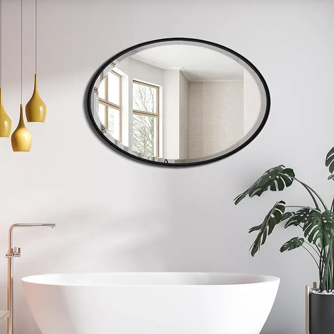 POZINO Matte Black Oval Beveled Mirror, 20"x28" Bathroom Mirror for Over Sink, Modern Rounded Vanity Wall Mirrors for Bedroom Living Room Entryway Fireplace, Wall Mount Hangs Horizontal Or Vertical - ModernBath