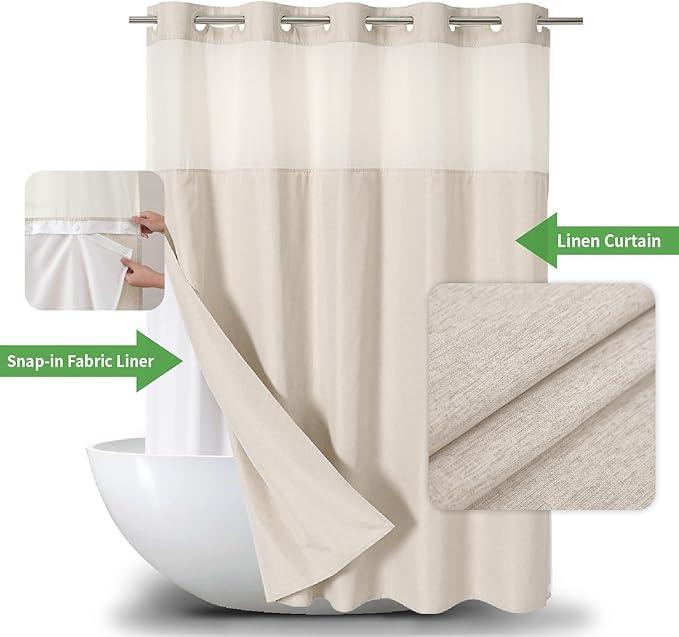 eachope Long No Hooks Needed Linen Textured Shower Curtain with Snap-in Fabric Liner Set,Cream Hotel Luxury Decor Shower Curtains for Bathroom,Waterproof & Washable,71Wx80H - ModernBath