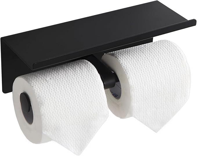 Black Toilet Paper Roll Holder with Shelf Wall Mounted for Bathroom (Black, Double Head) - ModernBath