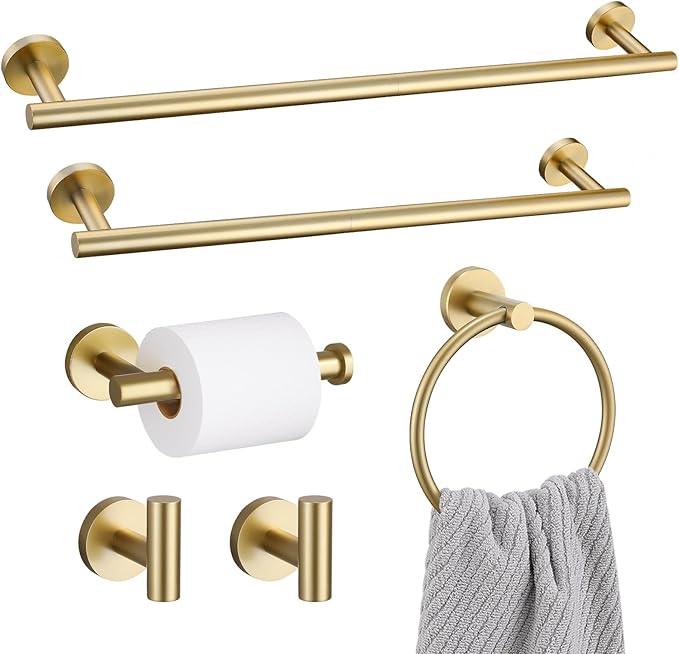 6 Pieces Brushed Gold Towel Bar Bathroom Hardware Set, 23.6Inch Brushed Gold Bathroom Accessories Towel Holder Set, SUS304 Stainless Steel Towel Racks for Bathroom - ModernBath