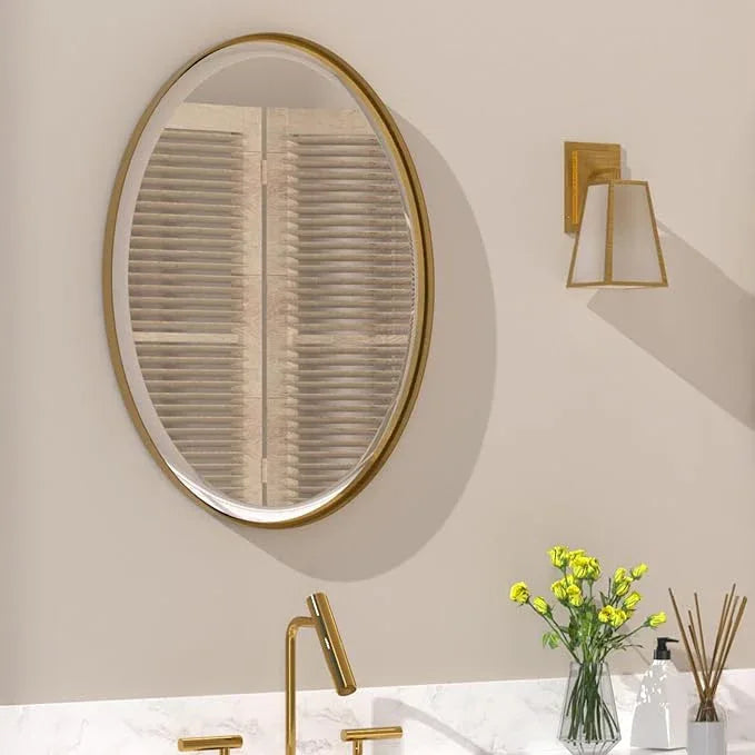 POZINO Brush Oval Vanity Mirror, 20"x28" Gold Mirror for Over Sink, Modern Rounded Mirrors with Stainless Steel Frame, Brass Beveled Mirrors for Bathroom Bedroom Living Room, Horizontal Or Vertical - ModernBath