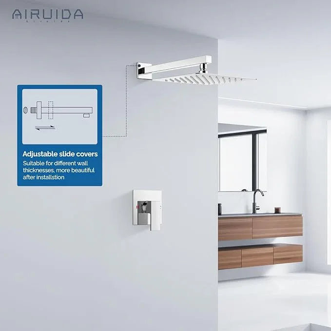 Airuida Shower Faucet Set Bathroom Rain Shower System SUS304 Stainless Steel Single Handle With Male Threads Rough-in Valve Shower Trim Kit 12 Inch Wall Mount Shower Head Chrome Polish - ModernBath