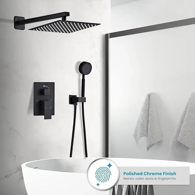 RTTWYYUU Matte Black Rainfall Shower Head, Wall Mounted 8 Inch Shower Heads with Handheld Spray Combo, Luxury Bathroom Square Rain Shower System, Solid Brass Pressure Balancd Shower Faucet Valve - ModernBath