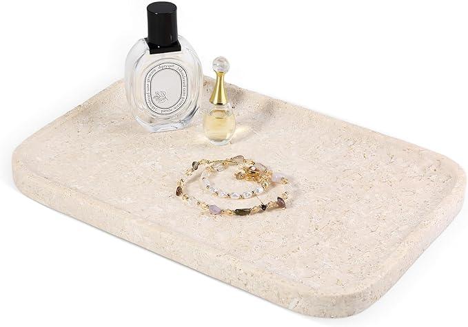 Karibiber Natural Marble Vanity Tray, 11.8" Marble/Stone Bathroom Tray Countertop, Beige Tray for Decor, Perfume Jewelry Holder, Storage/Organizer for Kitchen Sink - ModernBath