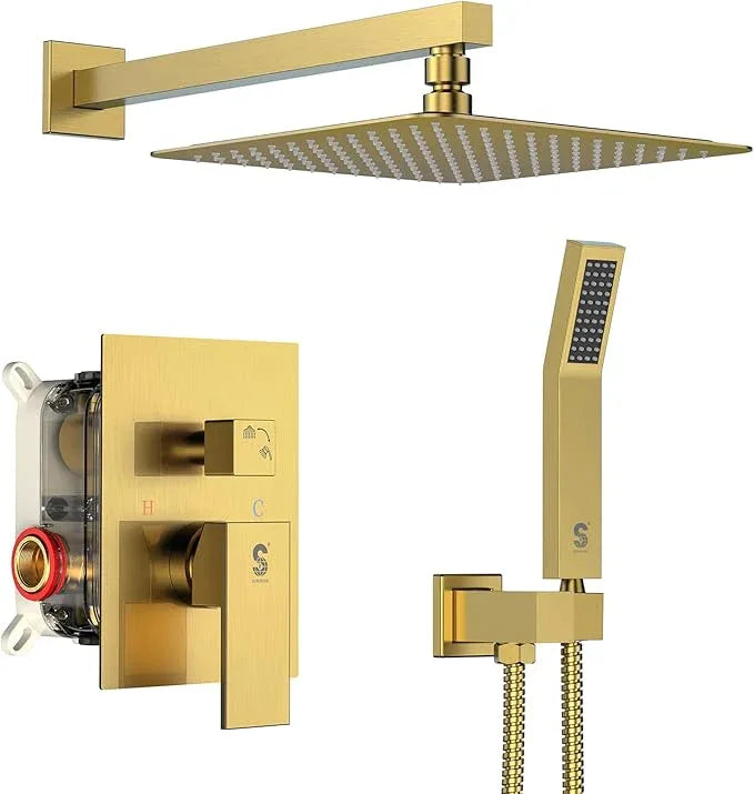 SR SUN RISE Shower Faucets Sets Complete Brushed Gold Square Rain Shower Head with Handheld Spray All Metal Shower Faucet Trim Repair Kits (Contain Shower Valve) - ModernBath