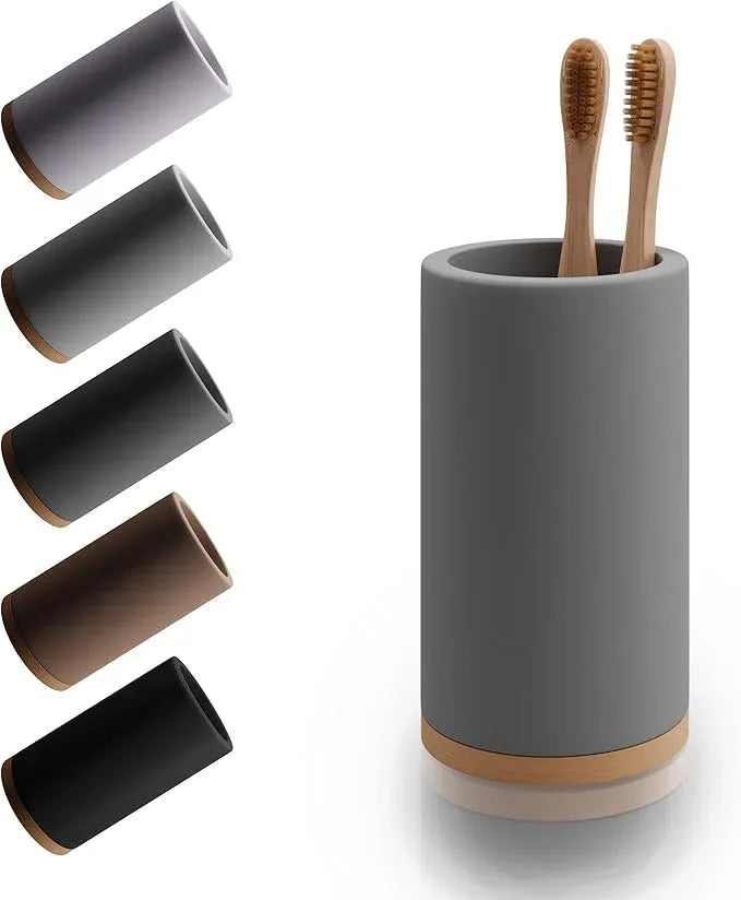 Matani Bamboo Toothbrush Holder Diatomite Tooth Brush Organizer - Storage Stand for Small Bathroom & Counter - Removable Base & Drain Holes, Water-Absorbent & Quick-Drying (Grey) - ModernBath