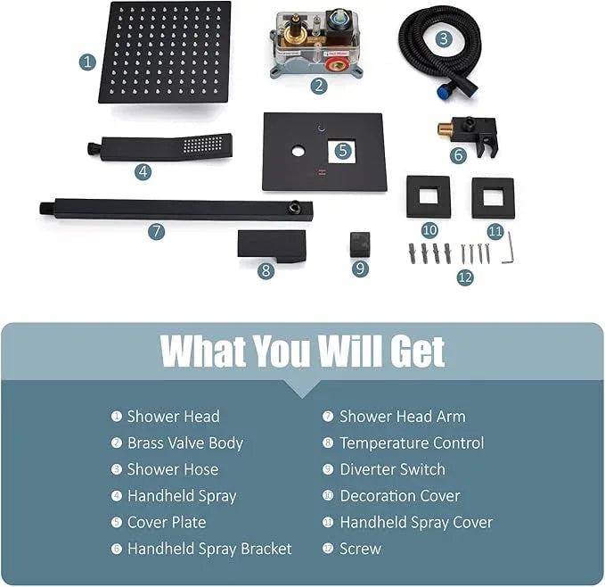 Aolemi Shower Faucet Set Rain Shower System with Handheld Spray Bathroom Shower Combo Rough-in Valve and Shower Trim Kit Included Matte Black 12 Inch Wall Mount Shower Head - ModernBath