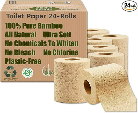 Purafide 100% Bamboo, thick 3-ply toilet paper, tree-free, unbleached, sustainable, 300 sheets per roll (TP 24) - ModernBath