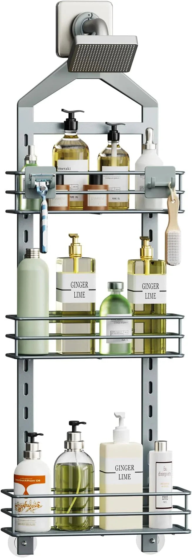 Orimade Adjustable Anti-slip Shower Caddy Overhead, Rustproof Hanging Shower Organizer With 2 Razor Hooks - No Drilling, 3-Tier Shelves, Silver Grey - ModernBath