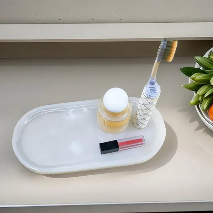 SWRONP Marble Tray for Kitchen Counter & Bathroom Countertop,Stone Vanity Tray for Dresser Decor,Small Storage Tray for Perfumes, Jewelry,Candles,Durable & Waterproof (Transparent White) - ModernBath