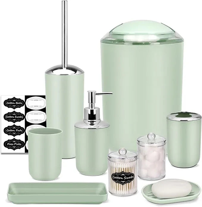 IMAVO Bathroom Accessories Set,Green Bathroom Set,9 Pieces Bathroom Accessory Set,Tray,Qtip Holders,Toilet Brush,Trash Can for Bathroom Décor and Home Gifts - ModernBath