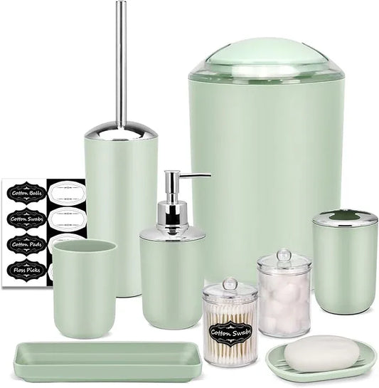 IMAVO Bathroom Accessories Set,Green Bathroom Set,9 Pieces Bathroom Accessory Set,Tray,Qtip Holders,Toilet Brush,Trash Can for Bathroom Décor and Home Gifts - ModernBath