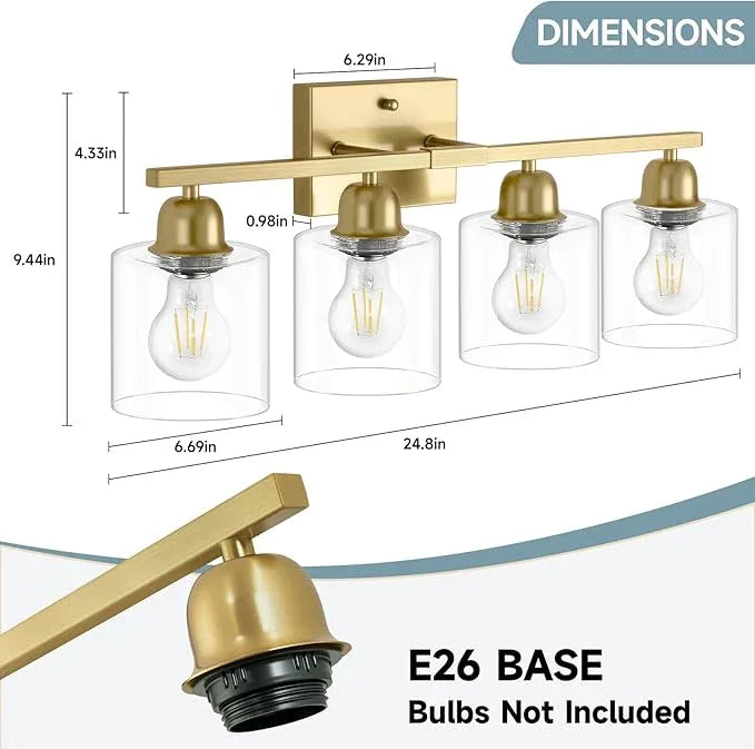 FAISHILAN Modern Brushed Gold 4 Light Bathroom Light Fixtures, 24 inch Vanity Lights for Bathroom with Clear Glass, Bathroom Vanity Light for Mirror Kitchen Living Room Hallway Cabinet Porch - ModernBath